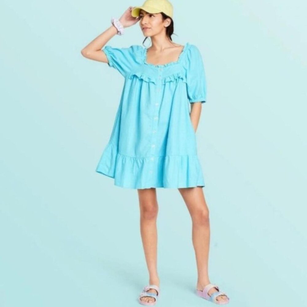 NWT STONEY CLOVER LANE X TARGET Blue Baby Doll Oversized Ruffle Mini Dress